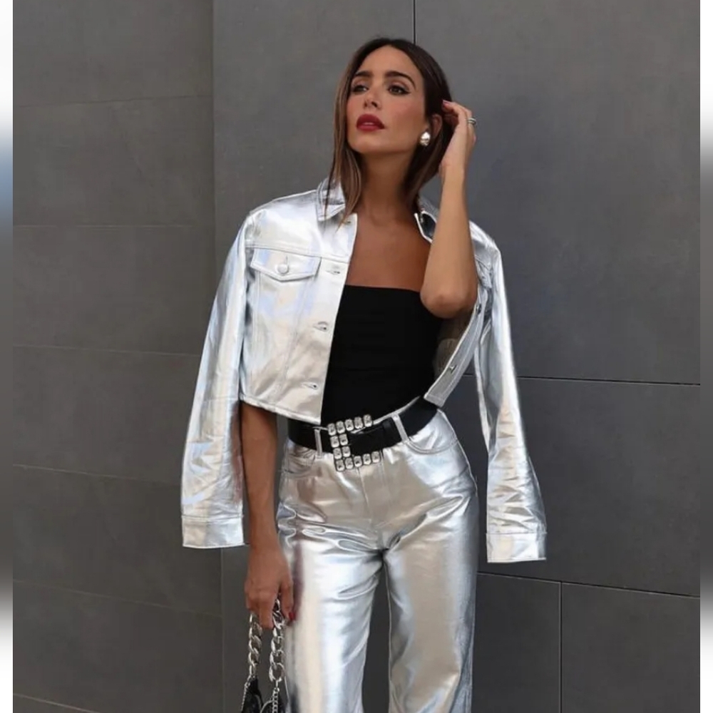 Zara Metallic High Rise Straight Cut Jeans - Picture 2 of 15